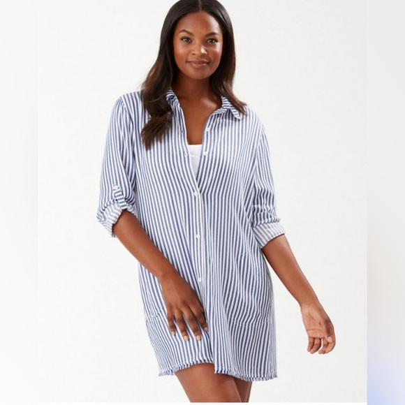 Tommy Bahama Chambray boyfriend beach shirt oversized vacation classic clean top - Picture 12 of 13